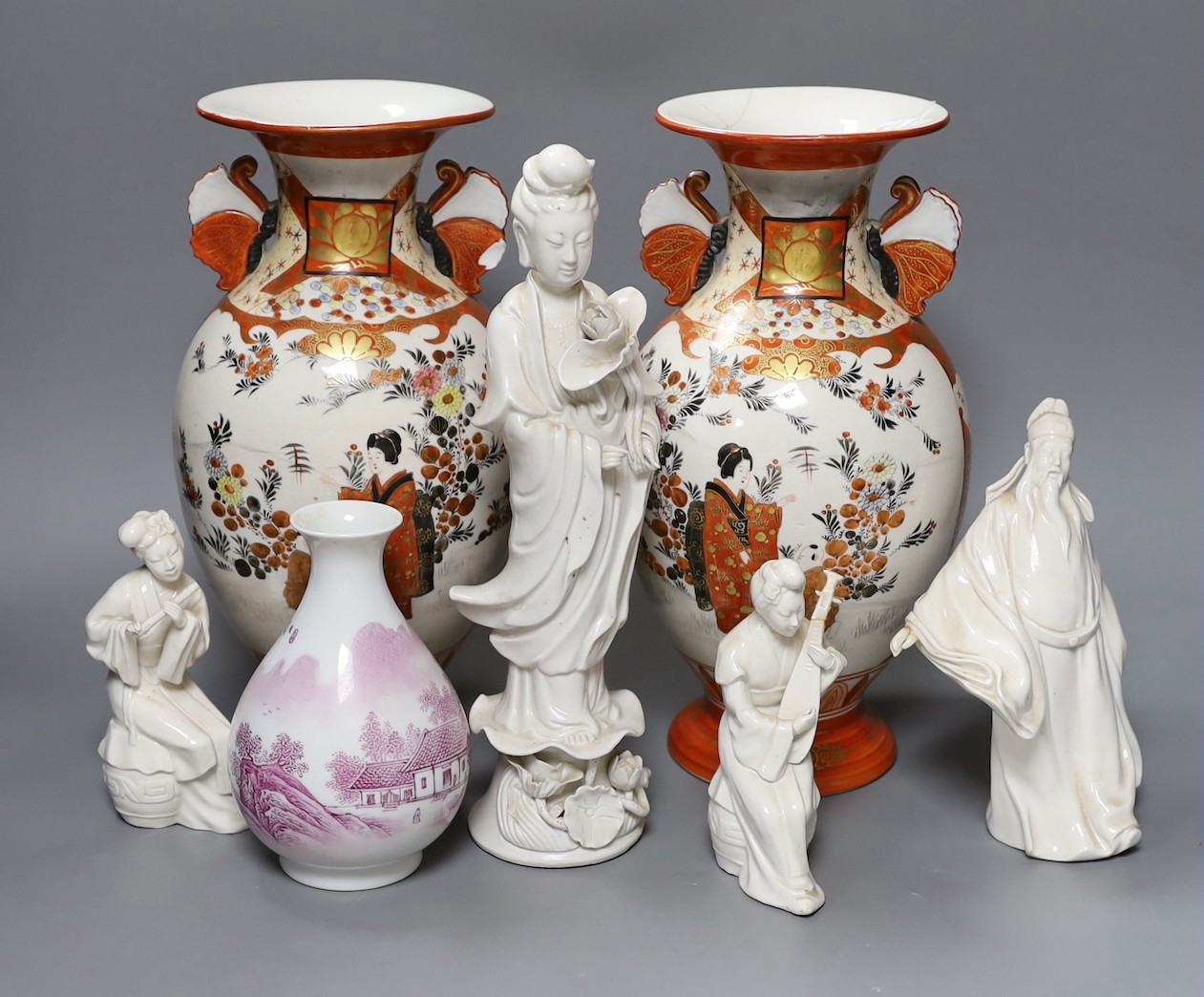 4 Chinese blanc-de-chine figures, a Chinese puce enamelled vase and a pair of Japanese Kutani vases, vases 32cms high